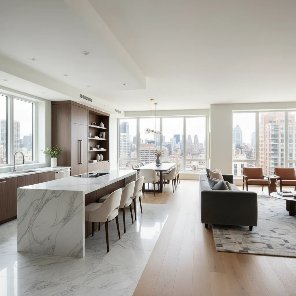 Open plan kitchen and living room with marble island white stools grey sofa and city views