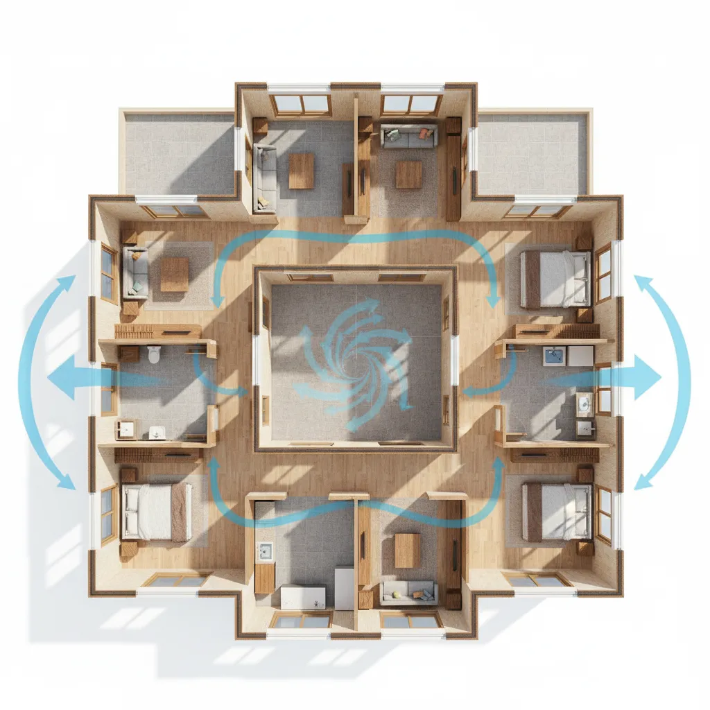 House ventilation design showing cross breeze airflow through windows