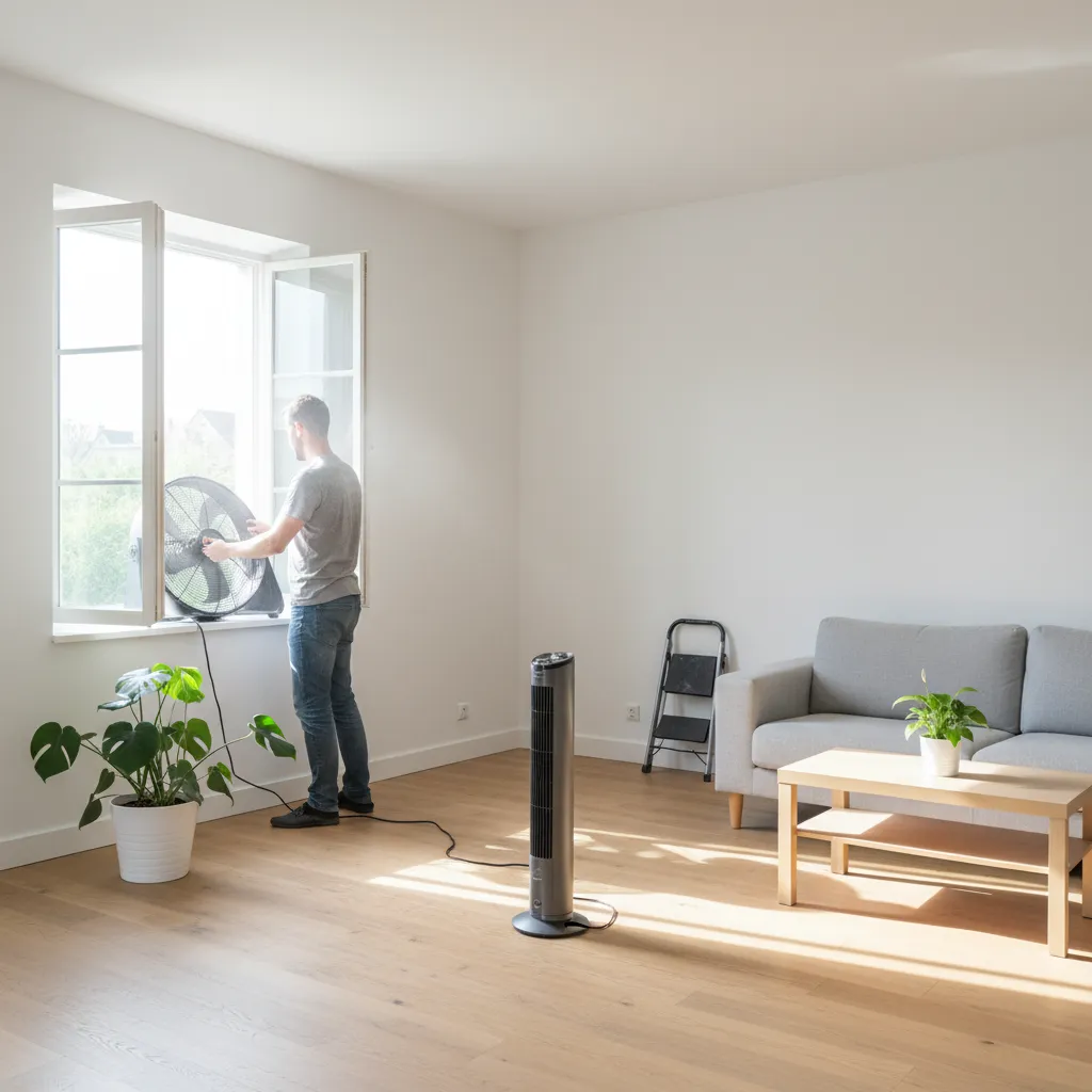 homeowner opening windows and setting fans after painting