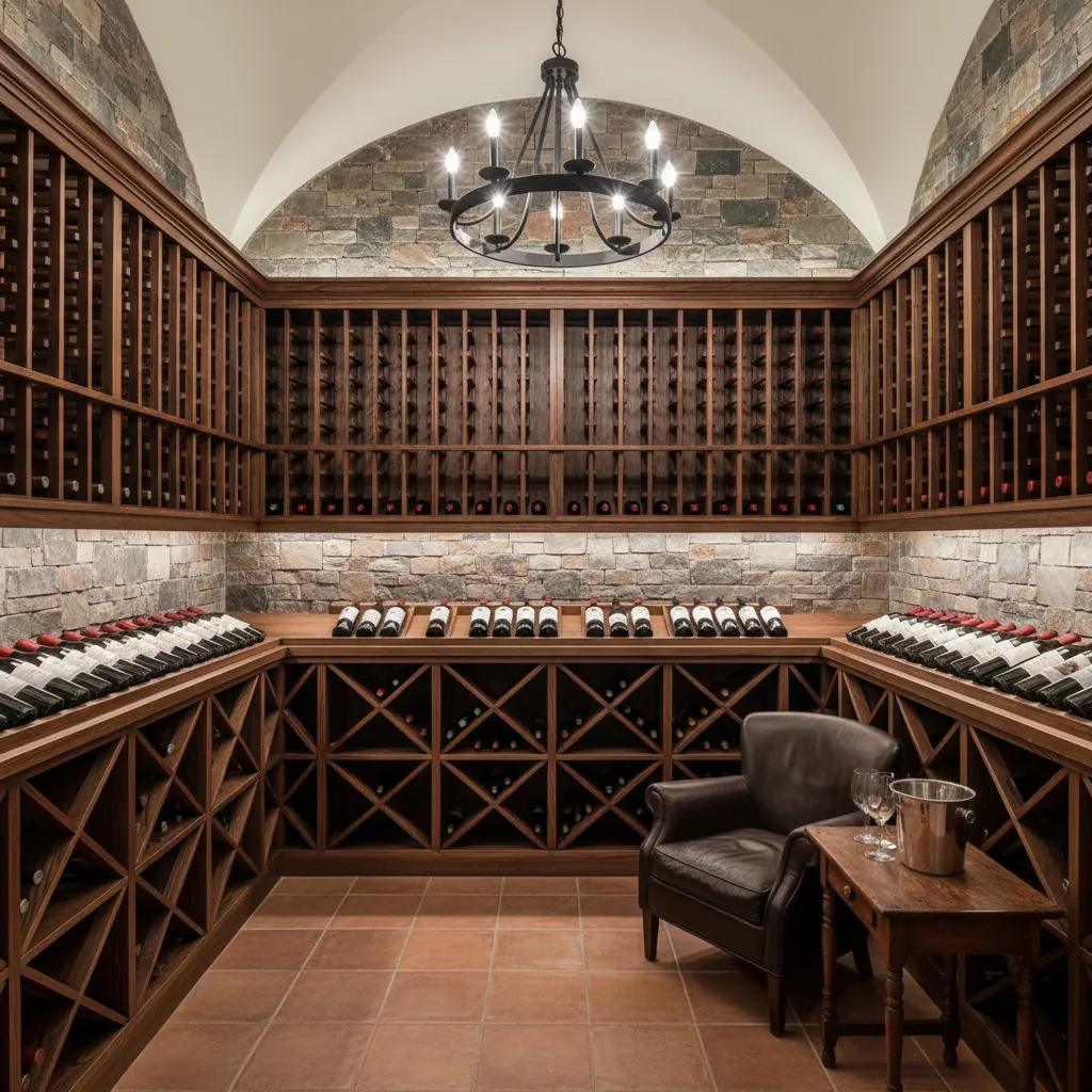 Wine cellar with wooden racks stone walls leather chair side table and decorative ceiling light
