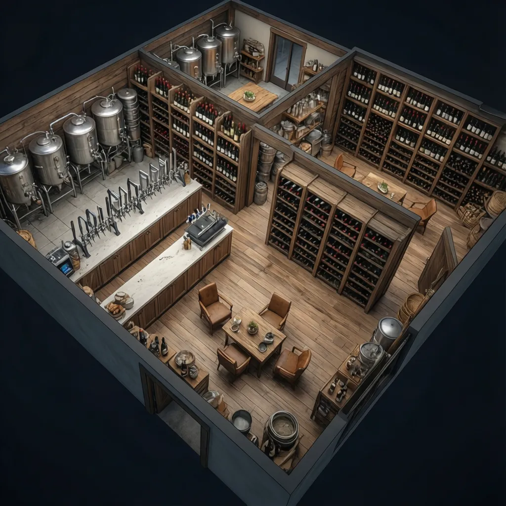 Home winery layout showing fermentation, storage and bottling zones