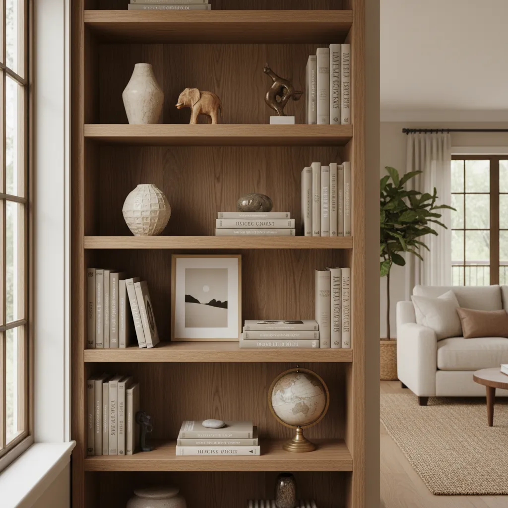Estantería con libros, arte y objetos personales decorativos