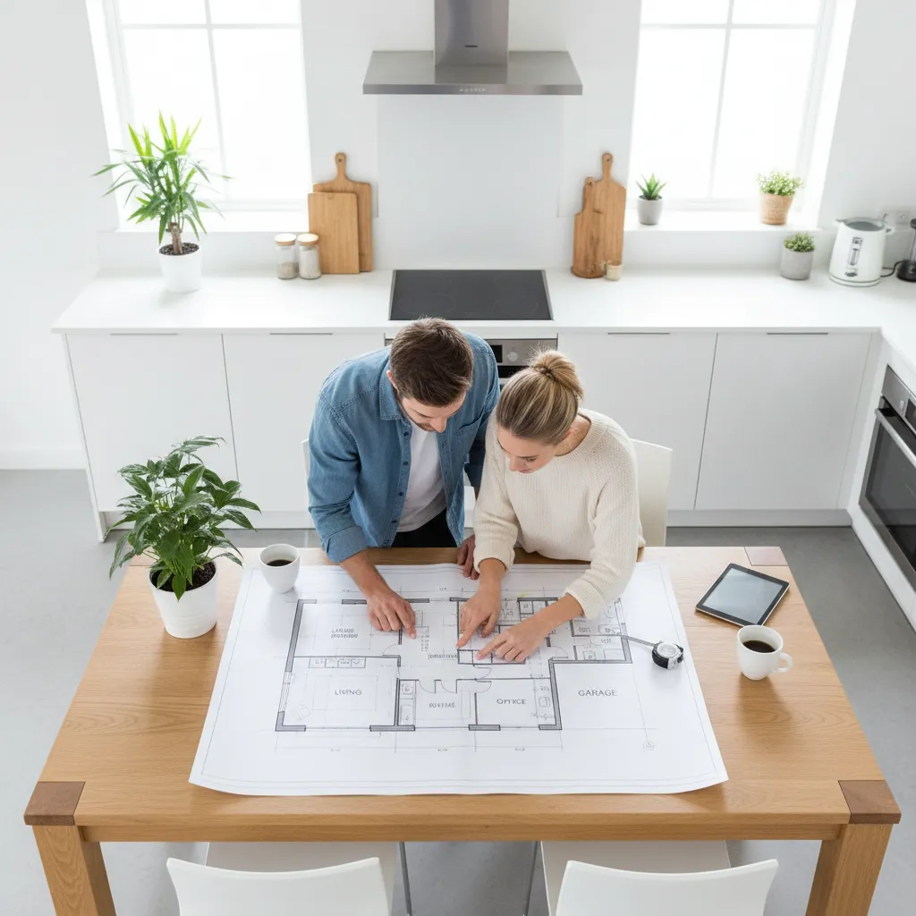 Homebuyer reviewing a printed bird’s eye floor plan while considering a property