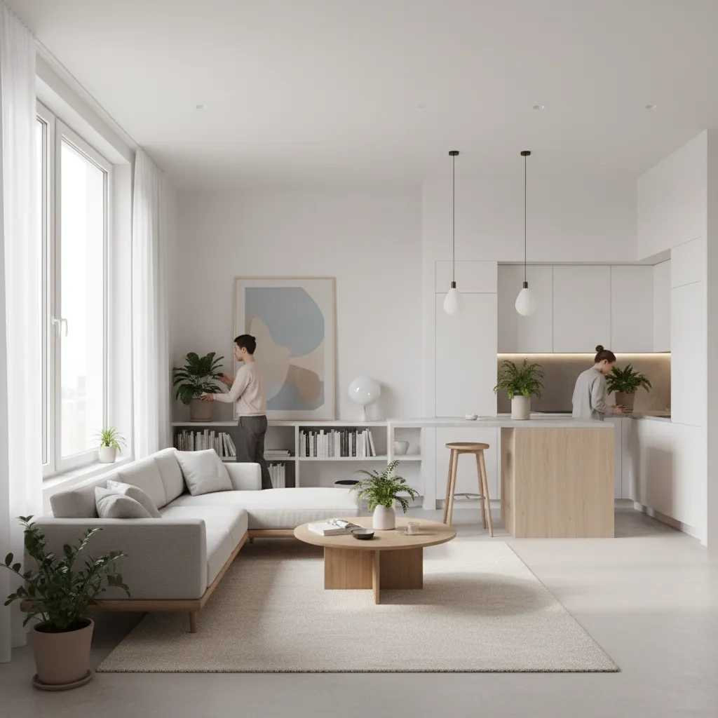 Person managing daily household tasks in a clean modern home