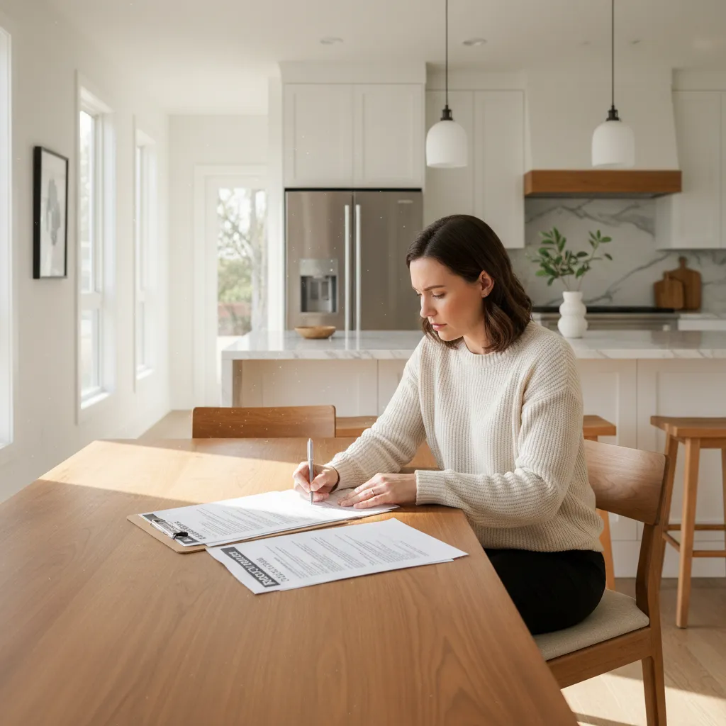 Homeowner reviewing roofing contract paperwork with notes and checklist