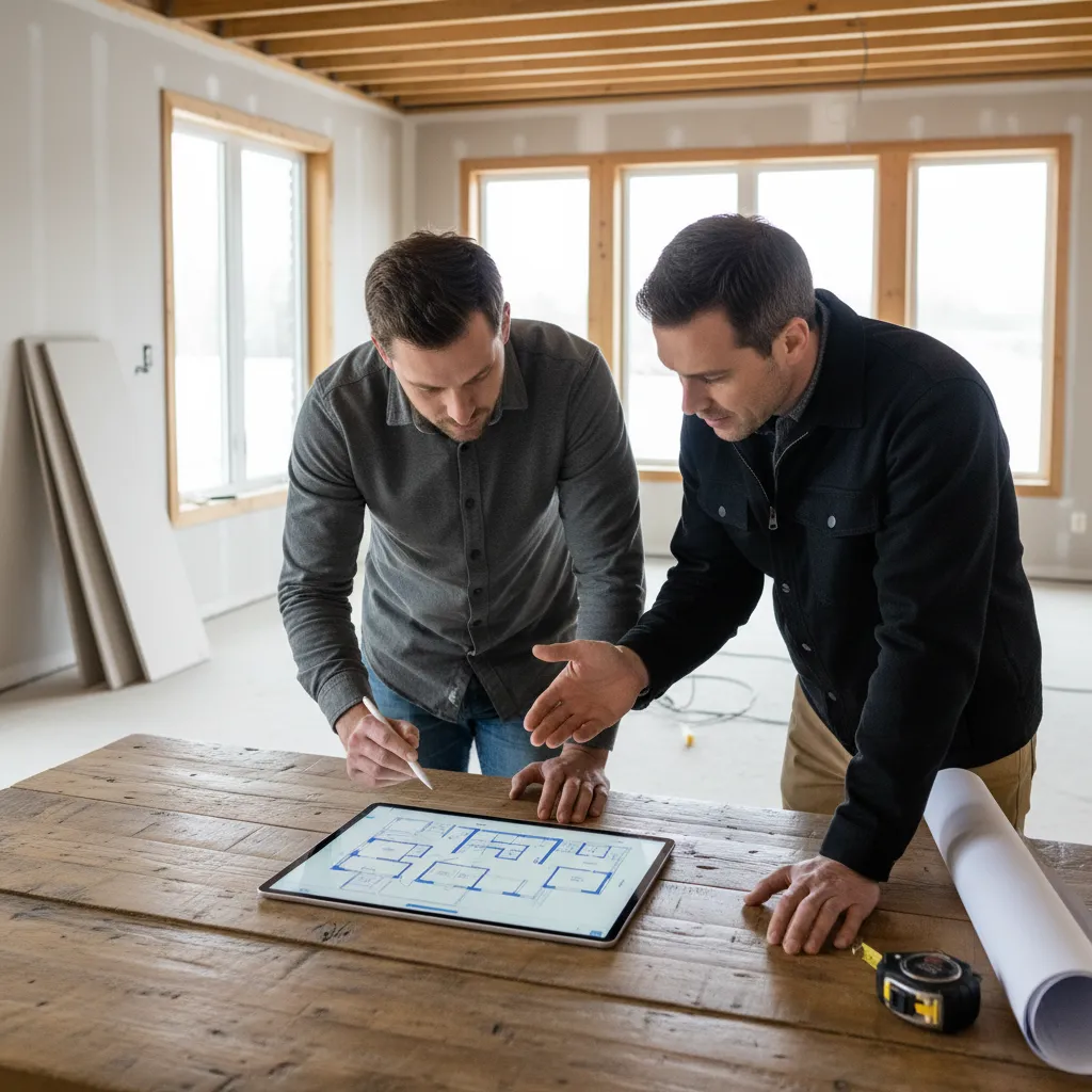 Homeowner and contractor reviewing a house floor plan together on a tablet