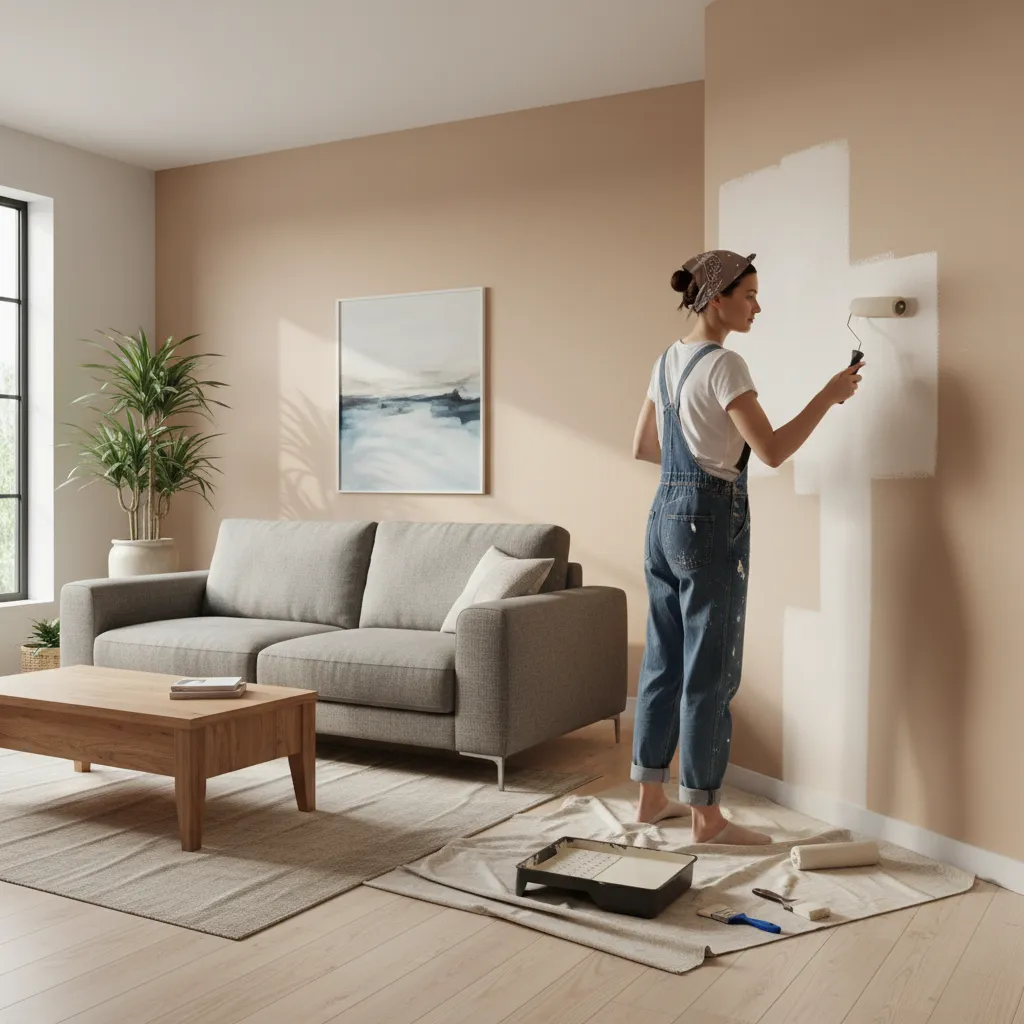 Homeowner painting interior wall with roller during DIY house painting project