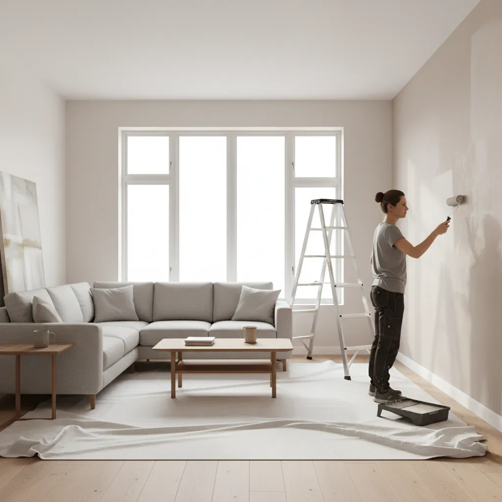 Homeowner painting living room wall with roller and paint tray