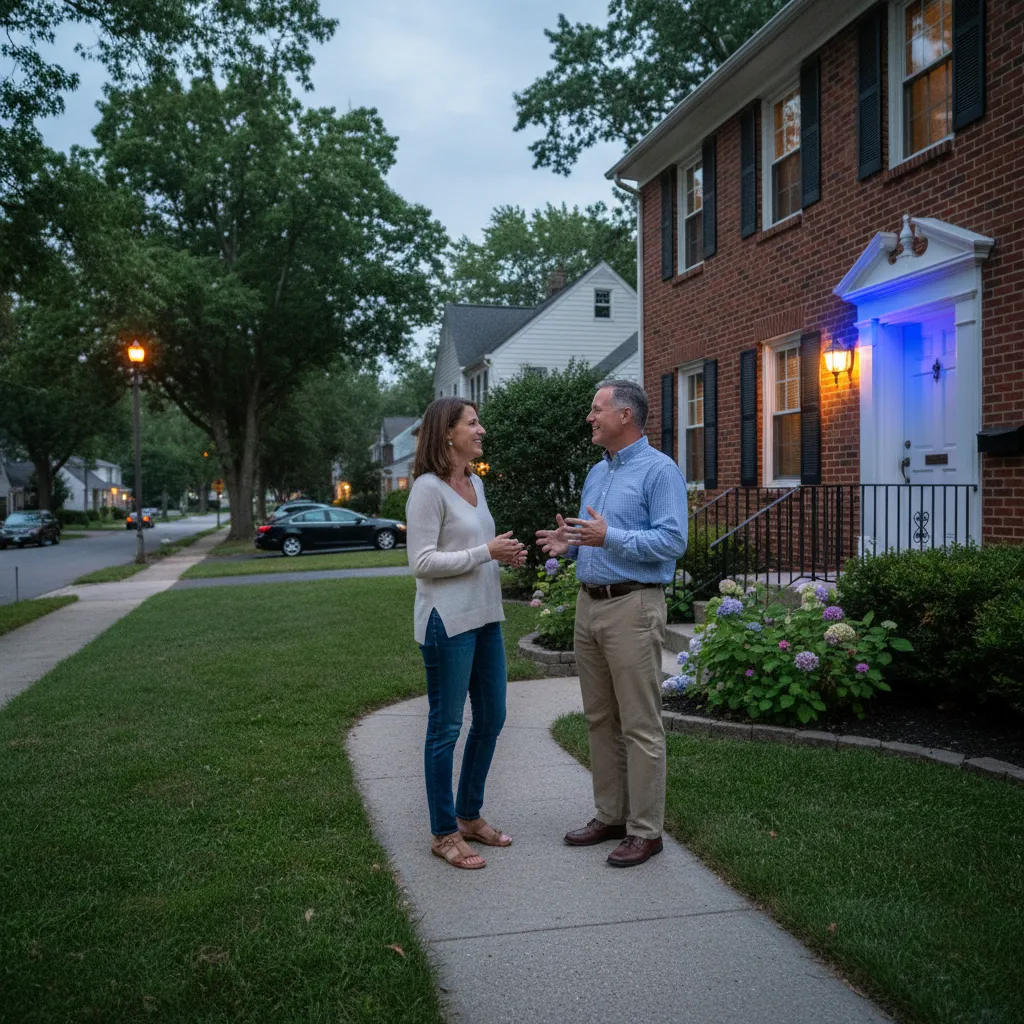 Homeowner talking with neighbor near a house with a blue porch light