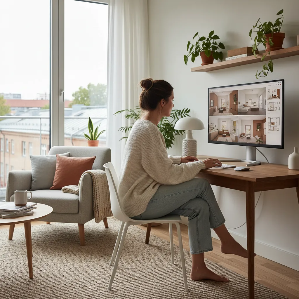 homeowner reviewing multiple living room layout ideas on a computer