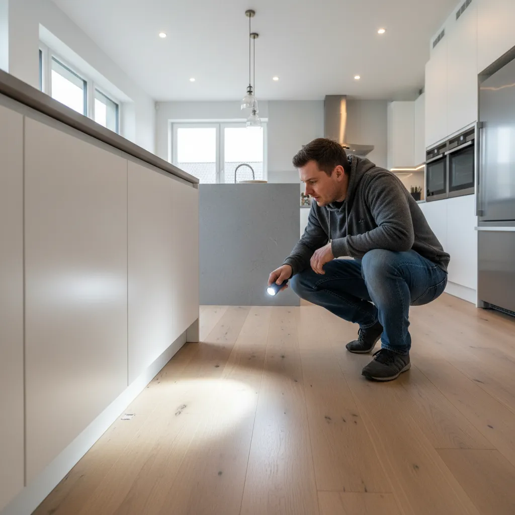 Homeowner inspecting kitchen floor and cabinets for maggot source