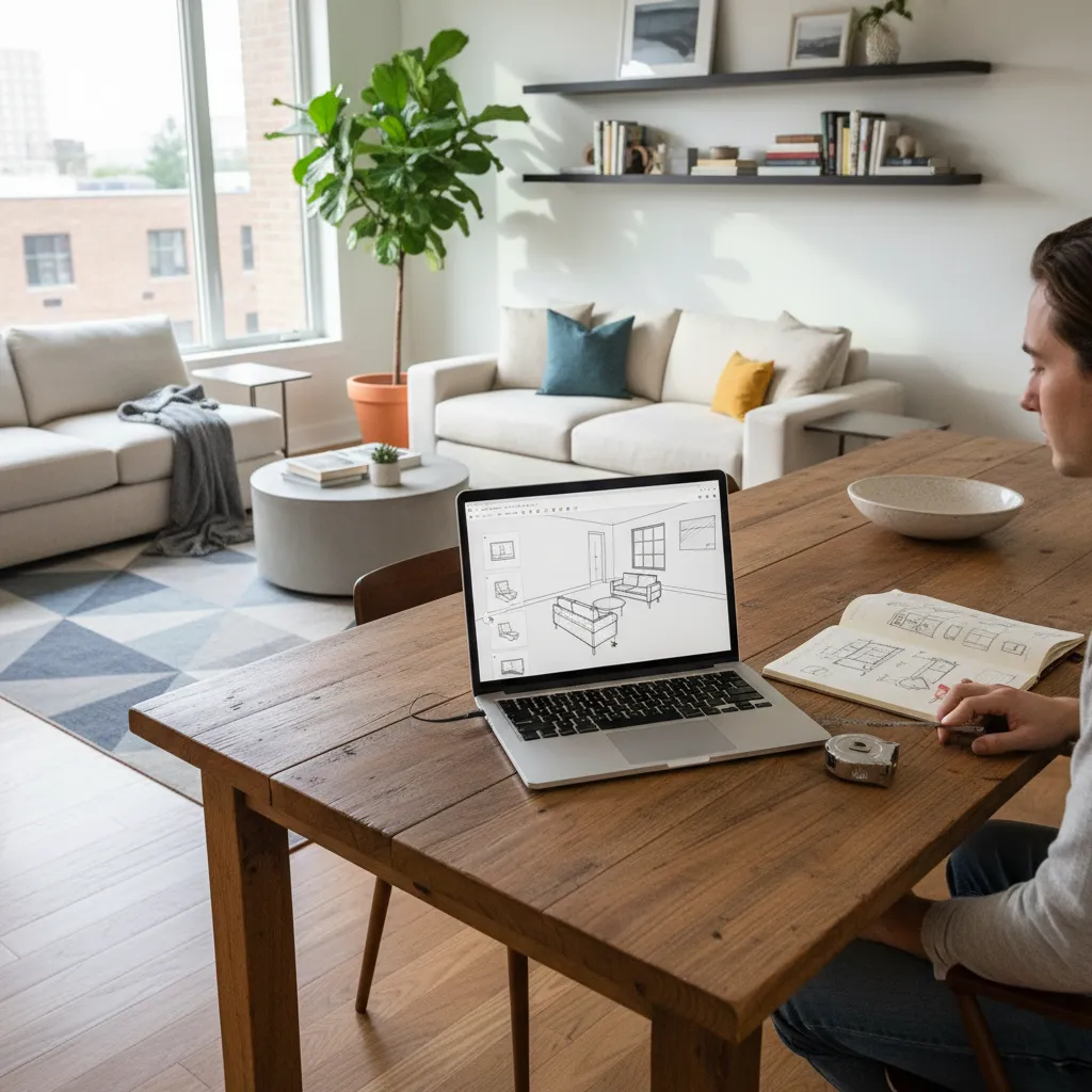 homeowner learning home design software on laptop planning room layout