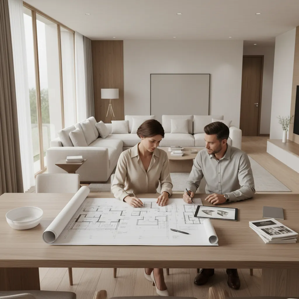 Homeowner reviewing renovation plans with contractor at dining table