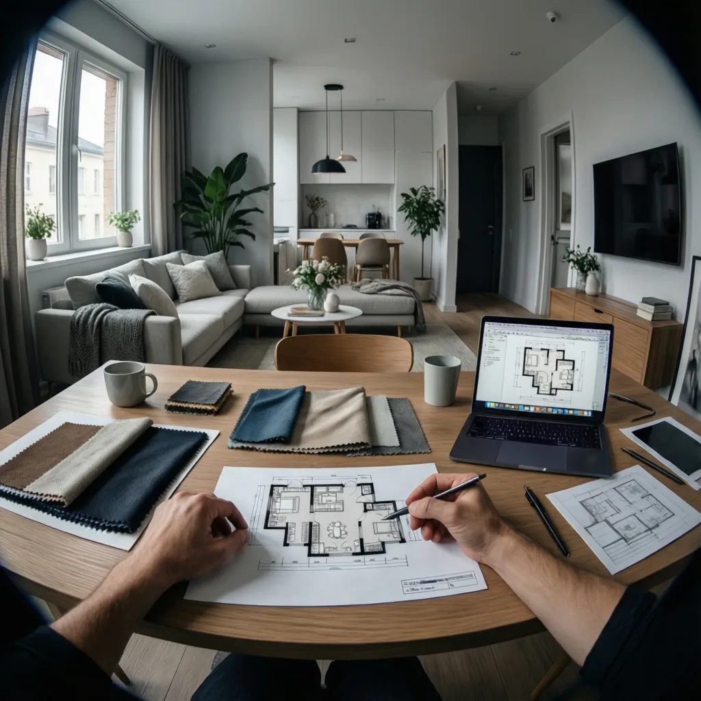 Homeowner planning DIY living room layout with furniture samples and sketches