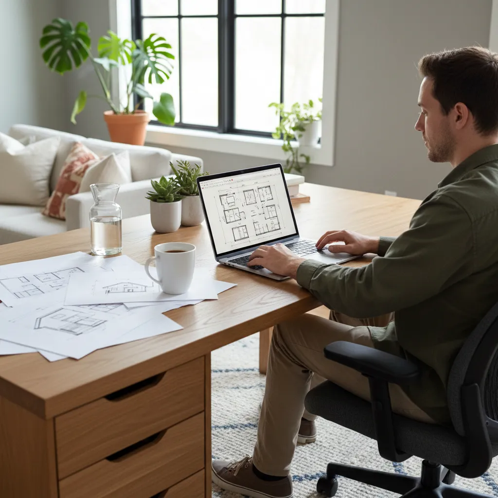Seseorang merancang denah rumah di laptop