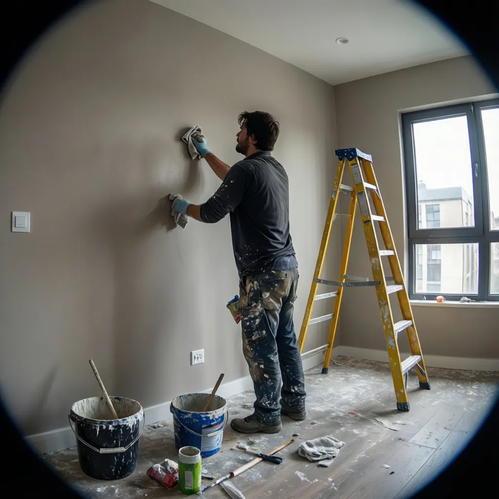 Homeowner cleaning and preparing interior wall before painting