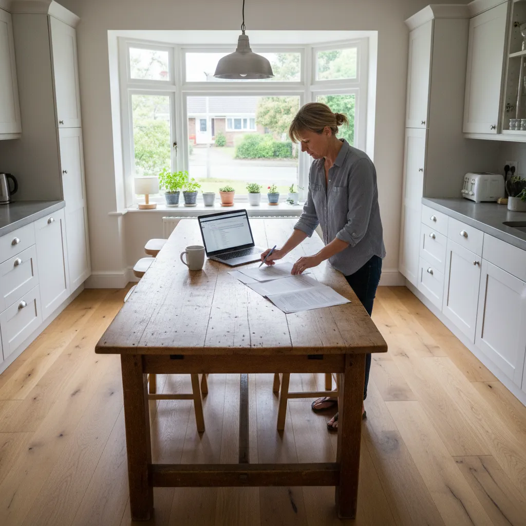 homeowner carefully reviewing roofing contract paperwork at kitchen table
