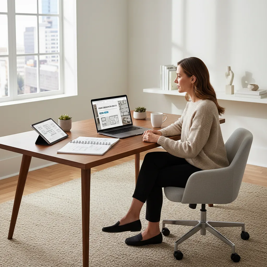 homeowner researching renovation grants online with floor plans on desk