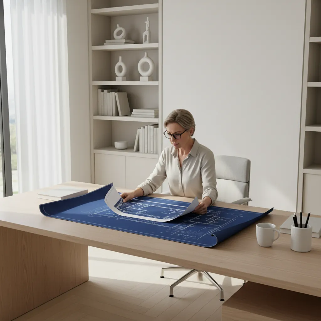 Homeowner reviewing archived house blueprints on a table