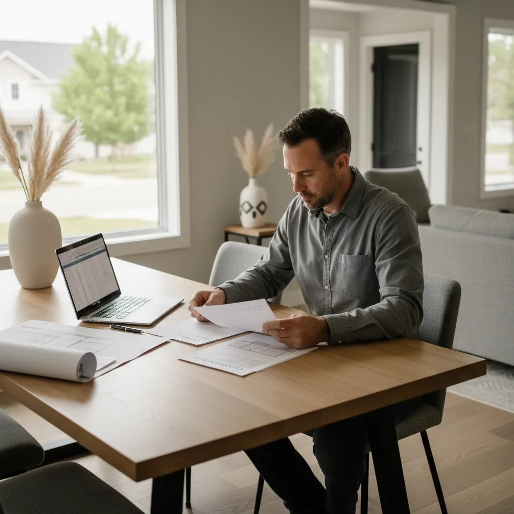Homeowner reading roofing contract documents at a table