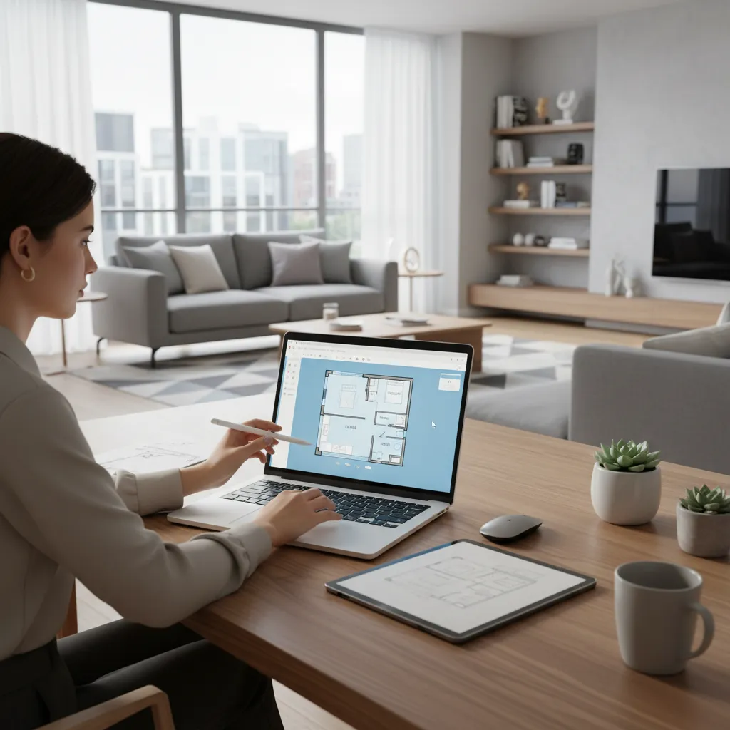Person designing a digital apartment floor plan on a laptop