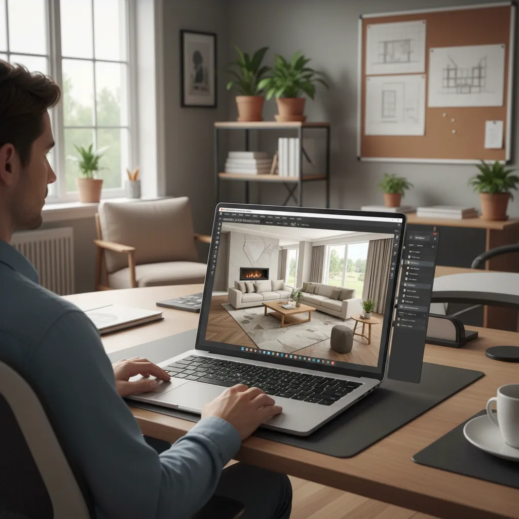 Homeowner using a dream house design app to visualize a living room in 3D