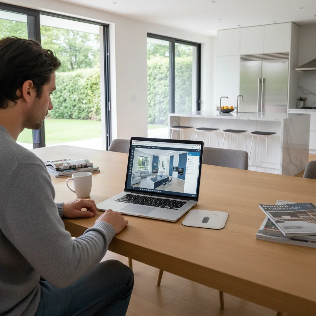 Homeowner planning a kitchen layout using kitchen design software on laptop