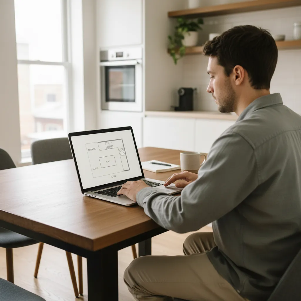 homeowner experimenting with kitchen layout using online kitchen planner