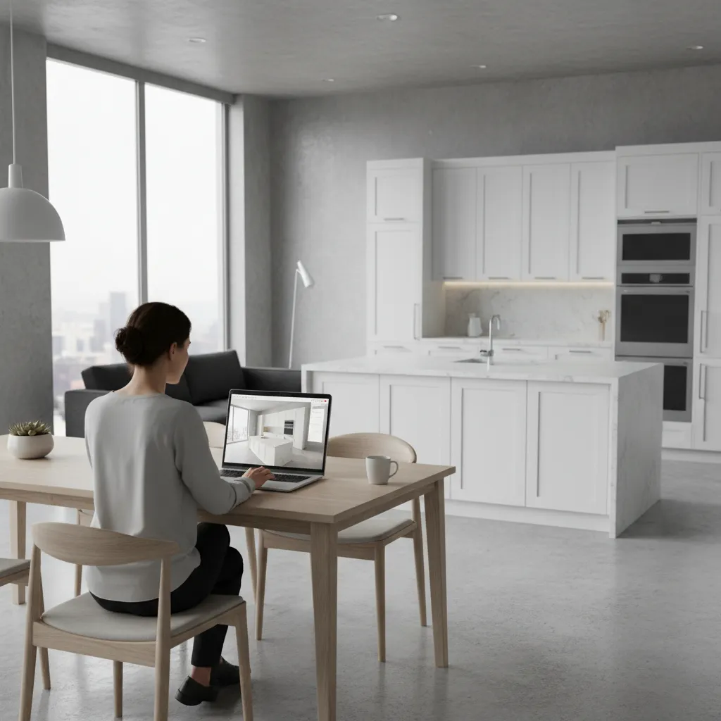 Homeowner planning a kitchen using a laptop with a digital kitchen design interface