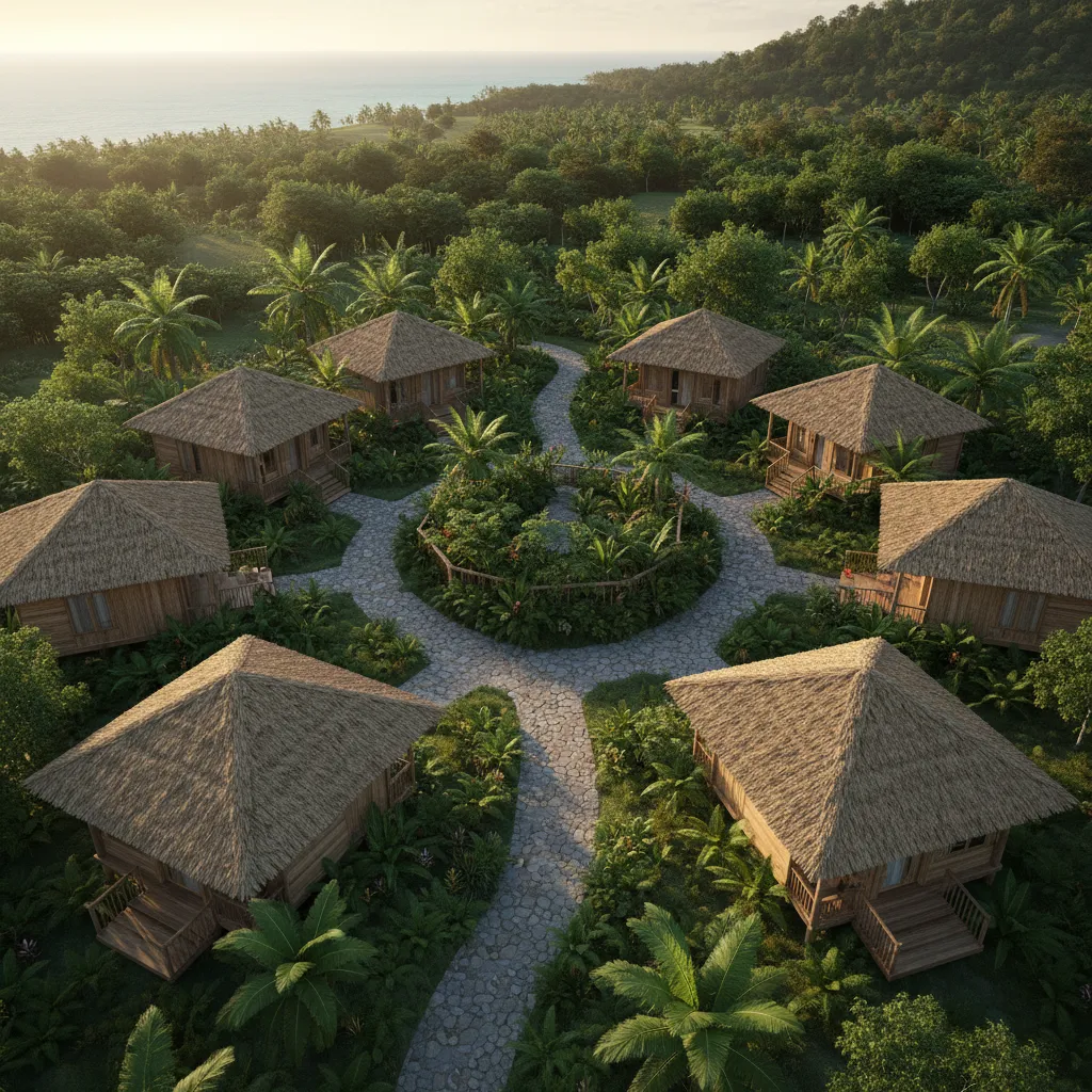 bố cục homestay với nhiều phòng bungalow quanh sân vườn
