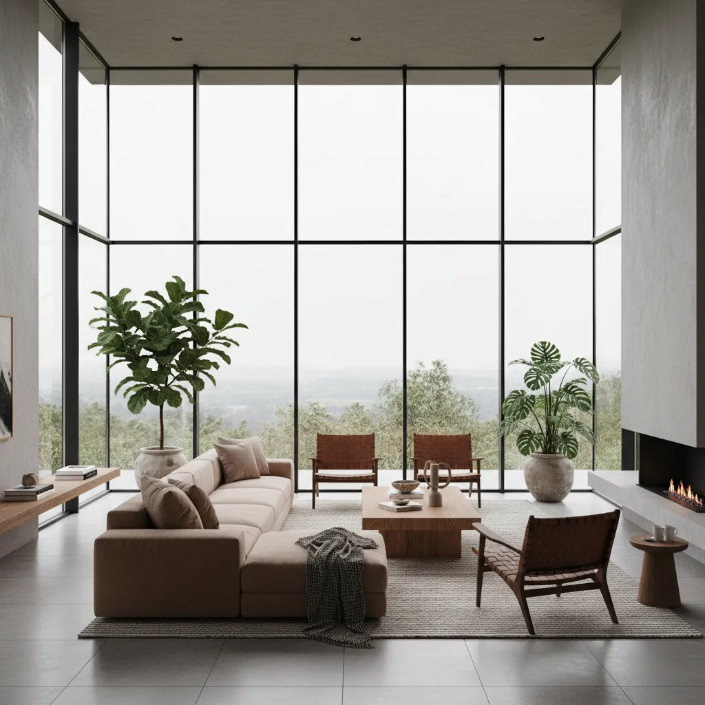 không gian sinh hoạt chung trong homestay với sofa và cửa kính lớn