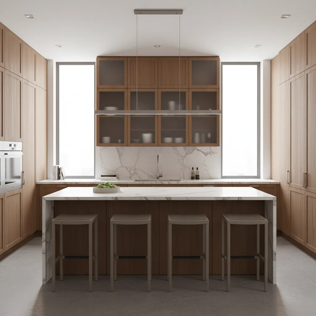 Wooden kitchen cabinets with marble island four stools long ceiling light and two bright windows