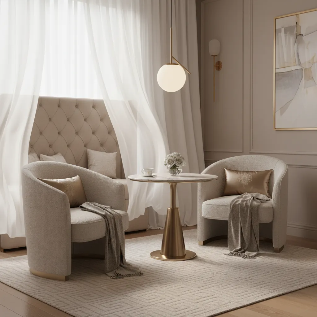 Small romantic bedroom seating corner with two chairs and table