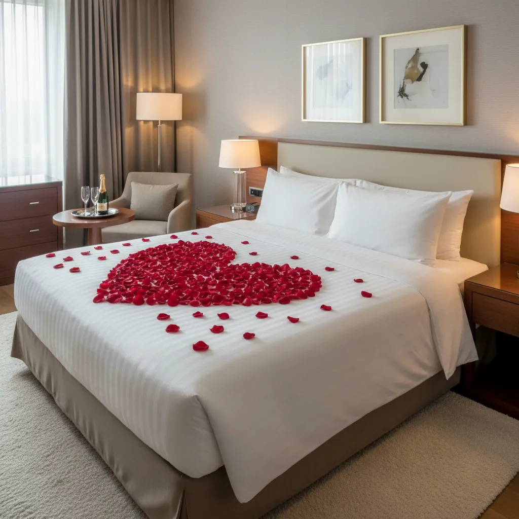 Giường khách sạn trang trí cánh hoa hồng hình trái tim