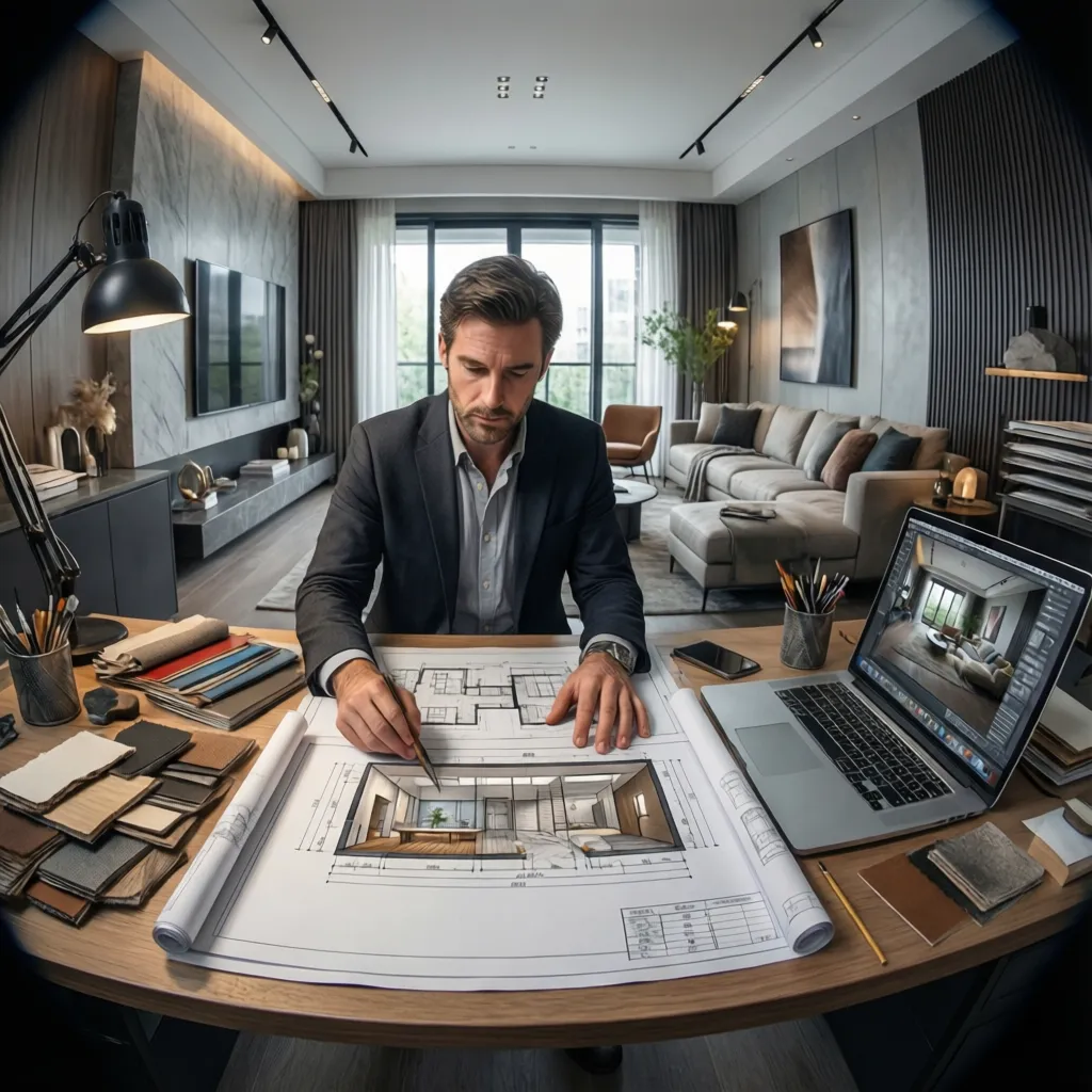 Interior designer drawing on a room layout plan with laptop and material samples on wooden desk