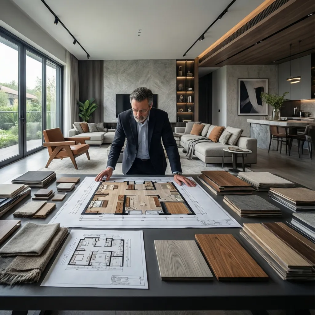 Professional man reviewing house floor plan with material samples in a modern living room setting