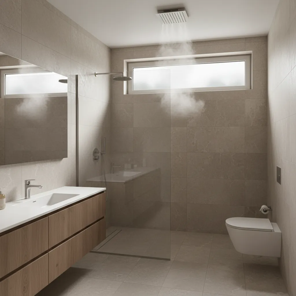 High hopper bathroom window with ceiling exhaust fan