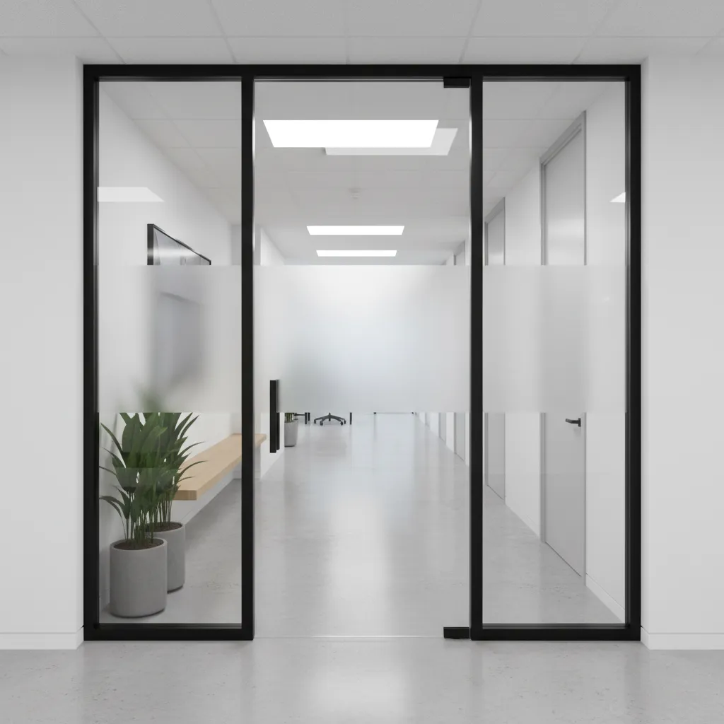 Modern office storefront door with horizontal frosted glass band
