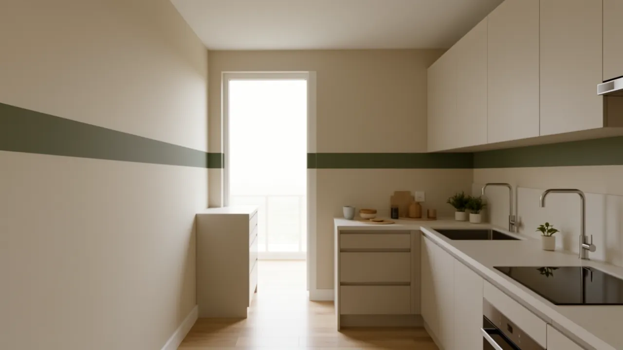 kitchen wall with horizontal paint band above backsplash