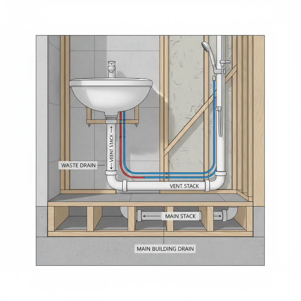 Cutaway view showing horizontal bathroom drain pipes under a sink and floor