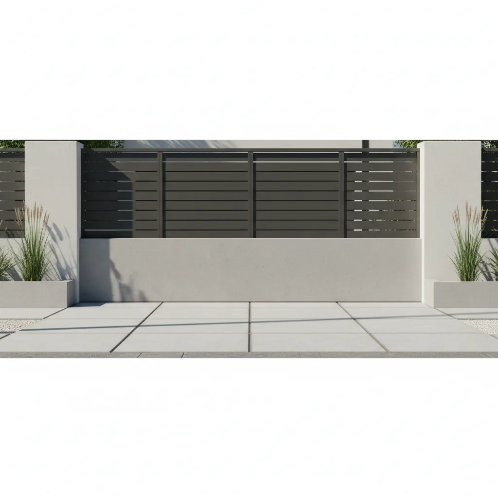 Horizontal metal slat compound wall grill design with modern gate