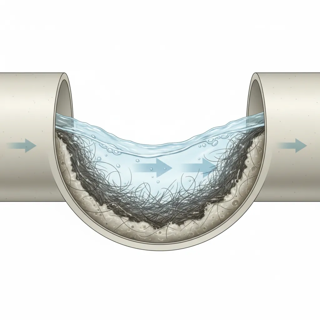 cutaway diagram showing debris buildup inside a horizontal bathroom drain pipe