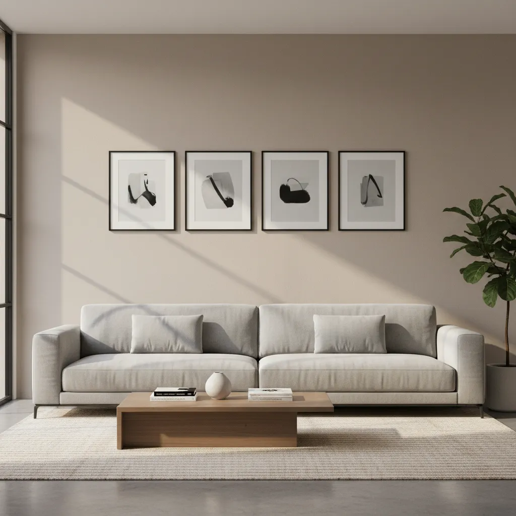 Horizontal row arrangement of four picture frames above a sofa