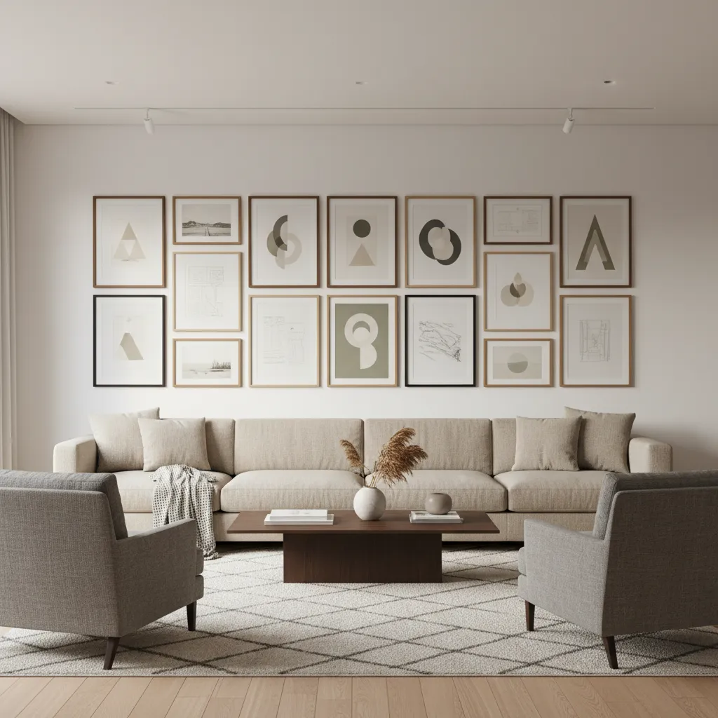 Horizontal gallery wall above a sofa creating balance on a long wall