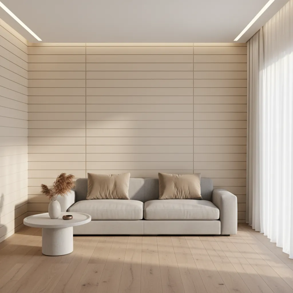 narrow living room with horizontal line wall panels that visually widen the space