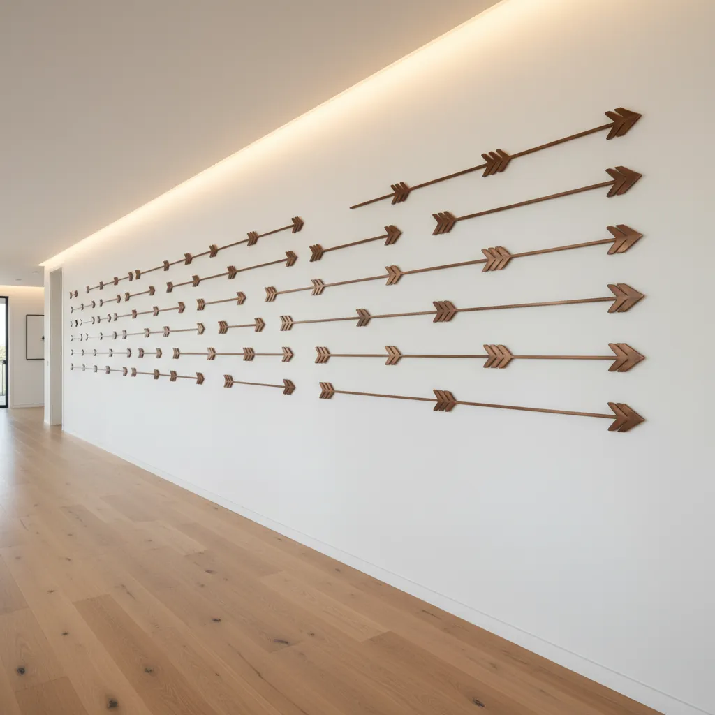 horizontal row layout of metal arrow wall decor on a long wall