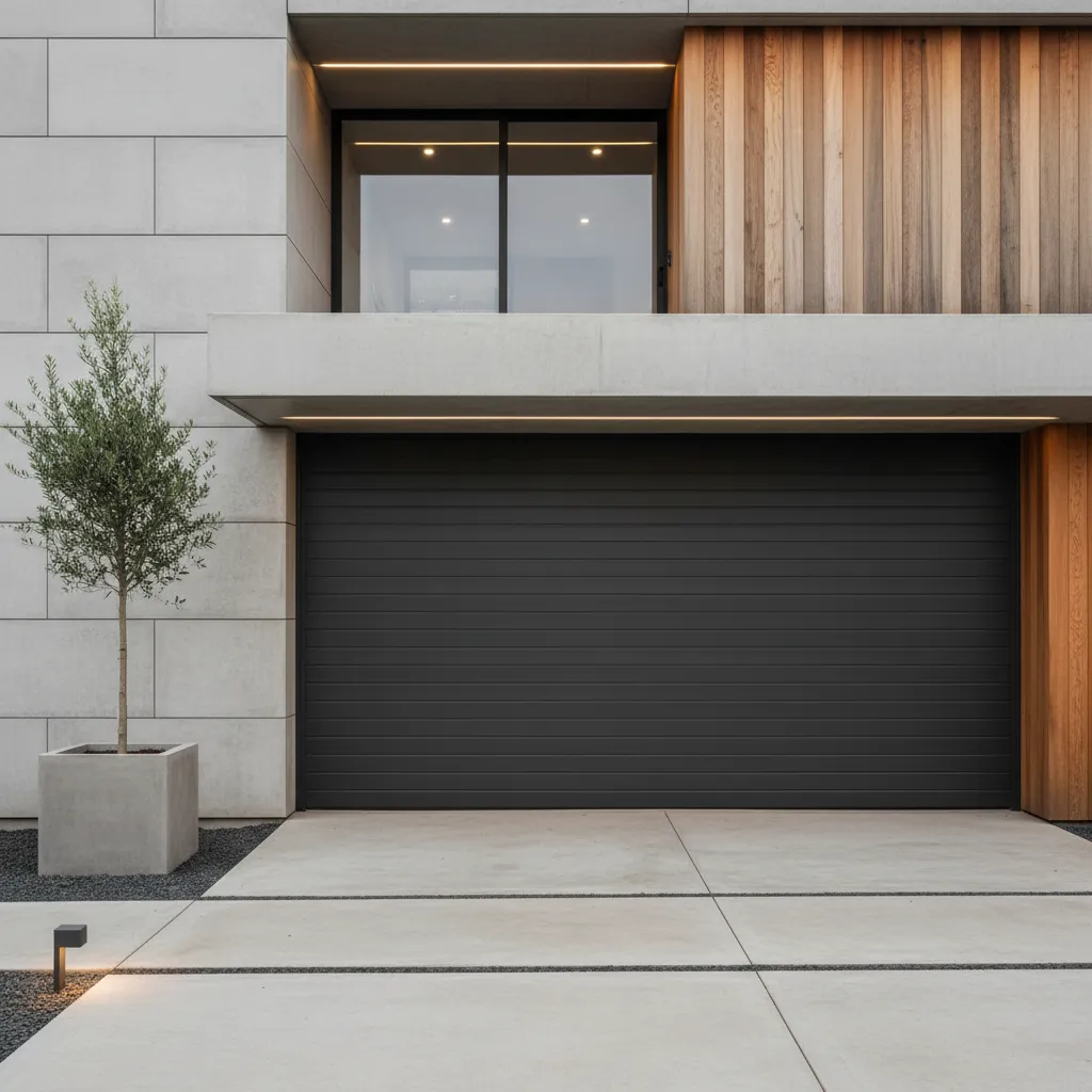 Portón moderno con lamas horizontales en una vivienda contemporánea