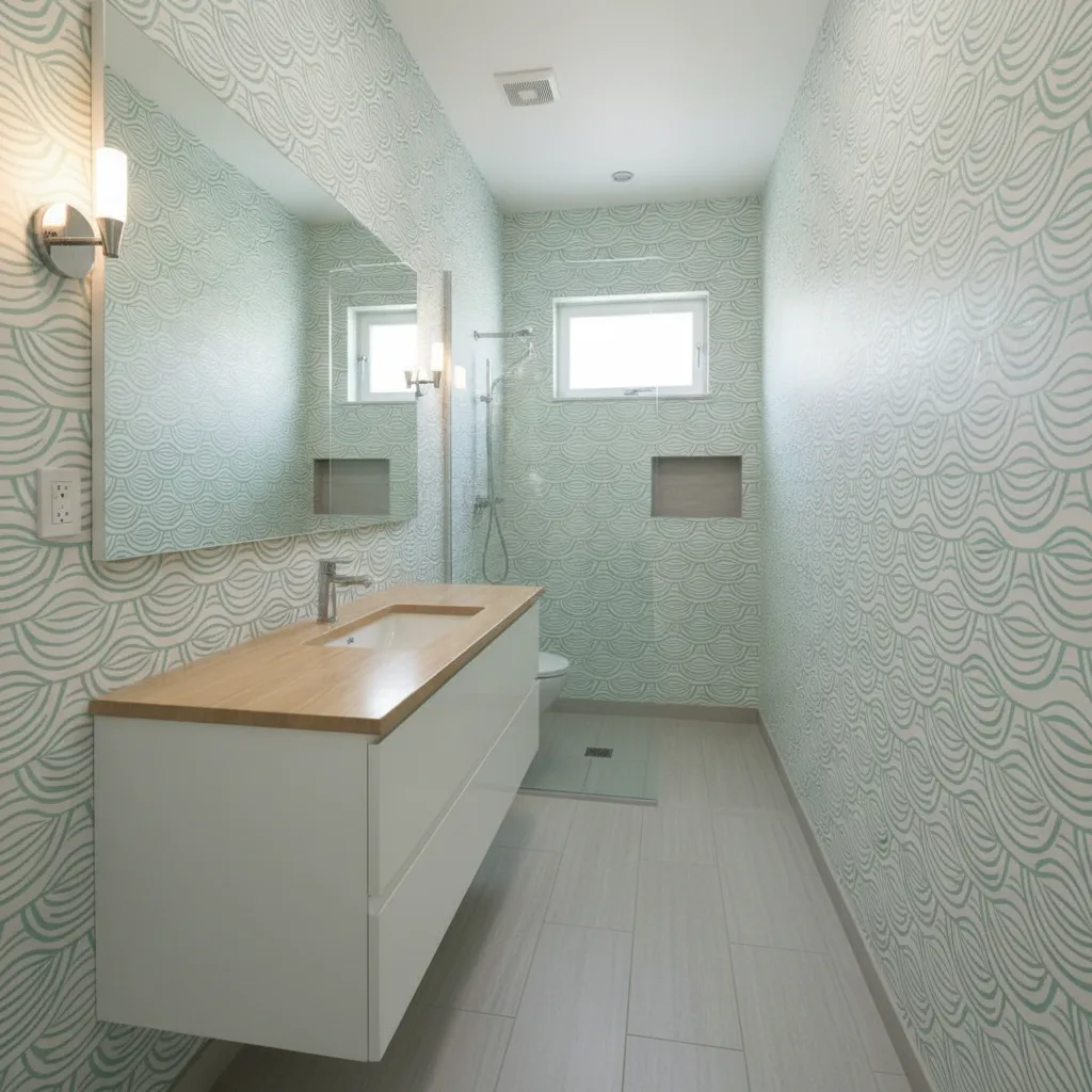 Horizontal coastal wallpaper pattern making narrow bathroom appear wider