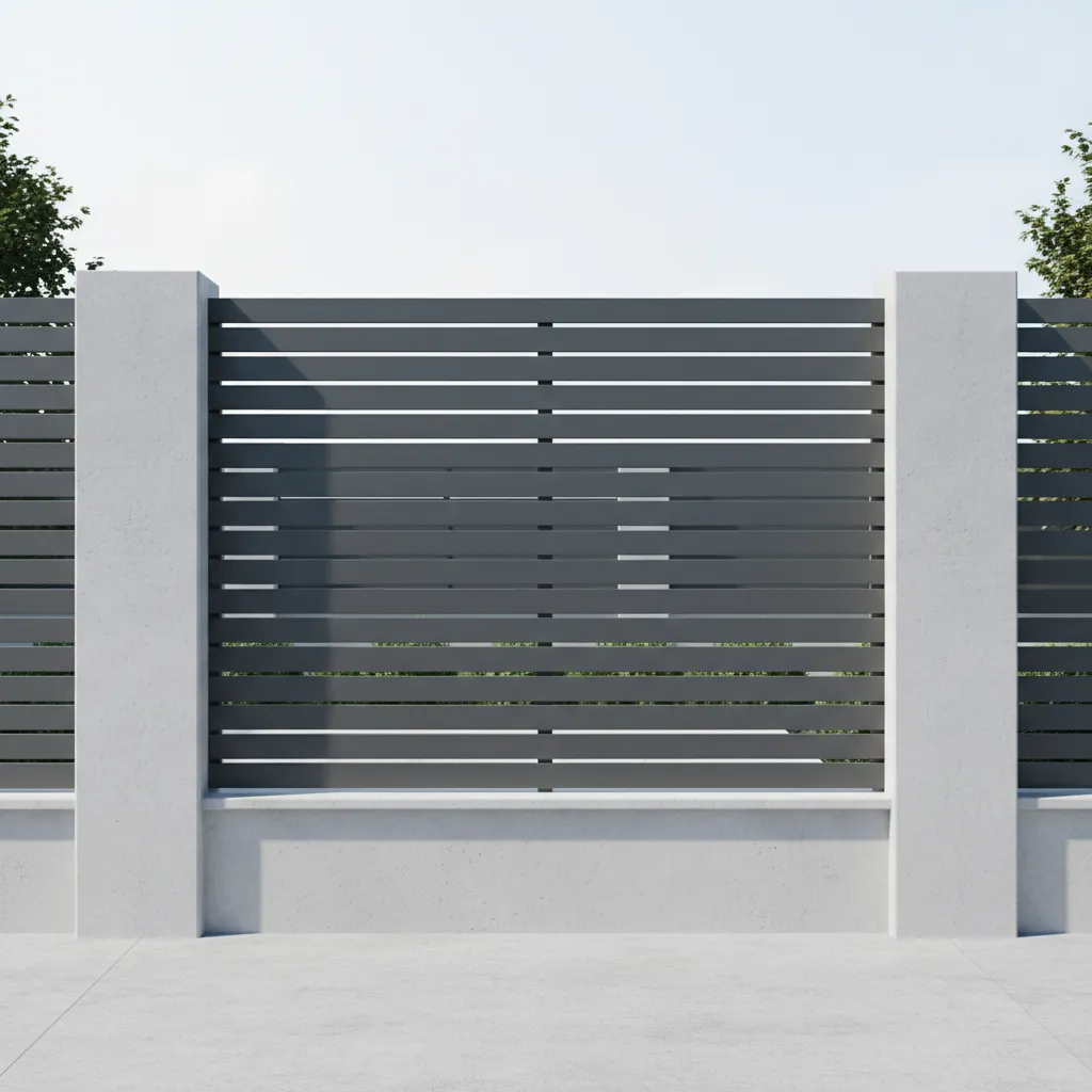 Horizontal metal slat compound wall with concrete pillars