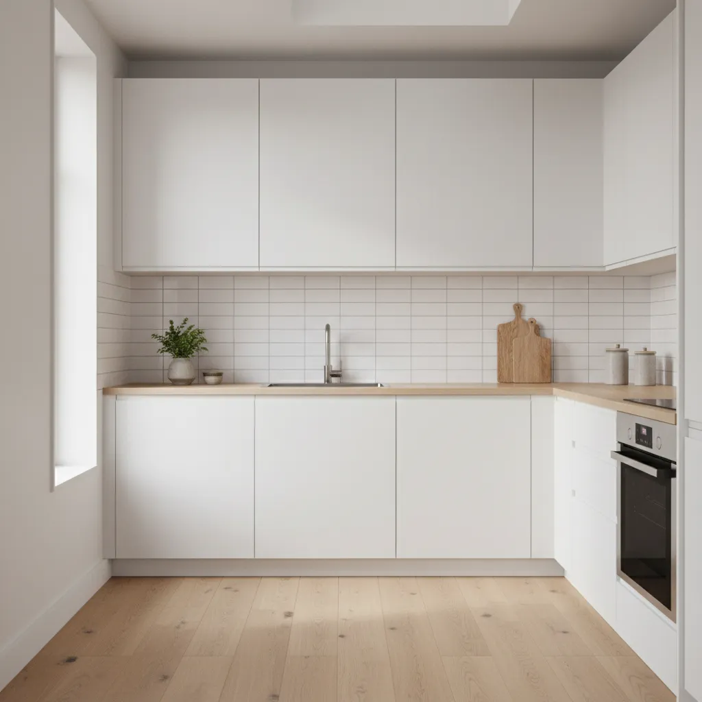 Narrow kitchen backsplash with horizontal subway tile pattern making space look wider